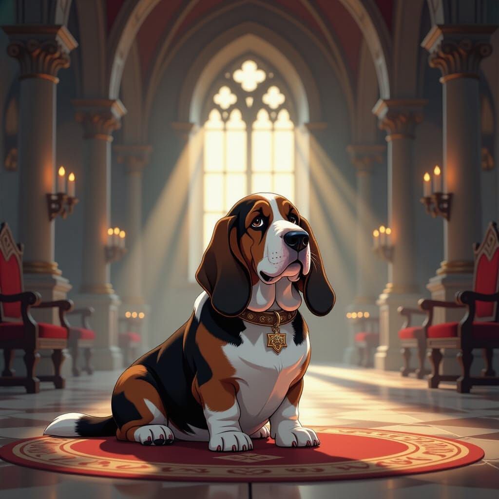 Regal Basset Hound in Medieval Castle Hall