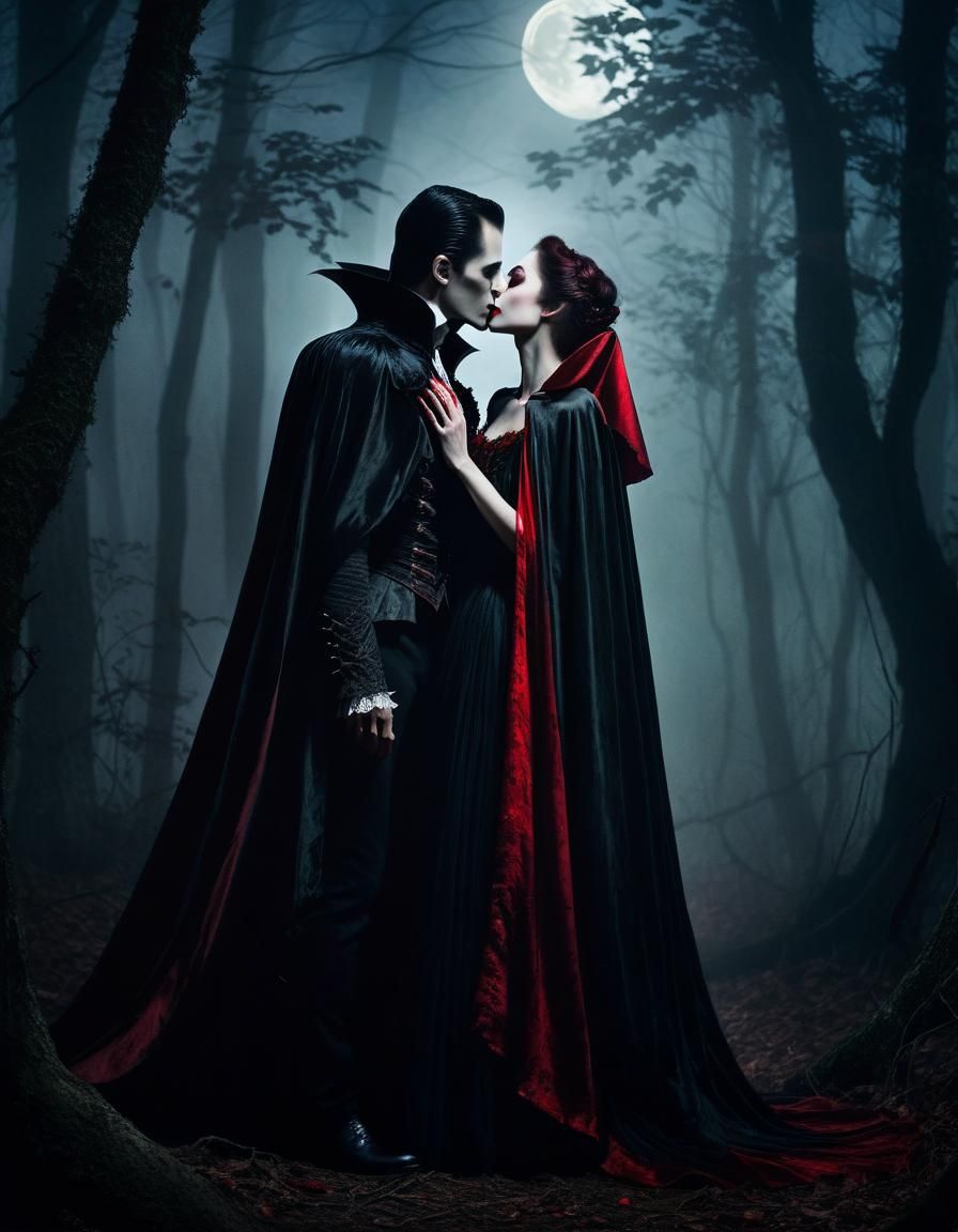 Vampire Kiss in Moonlit Forest: Gothic Art