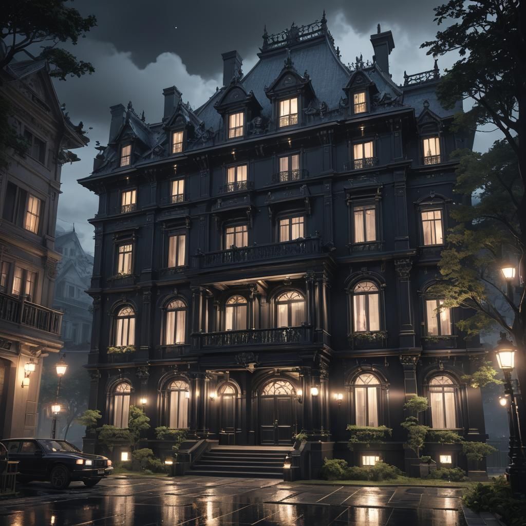 Gloomy Black Mansion in 3D Anime Art Style