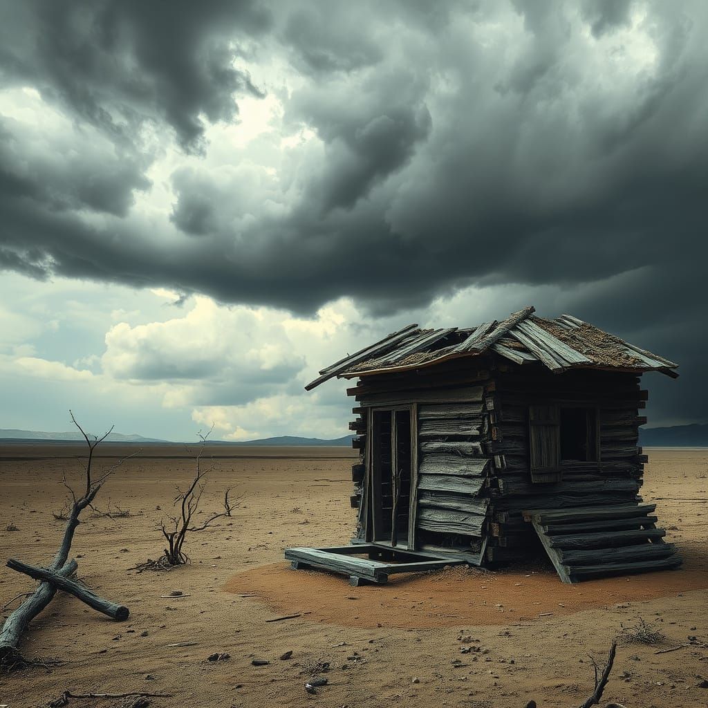 Surreal Abandoned Shack Under Thunderous Sky