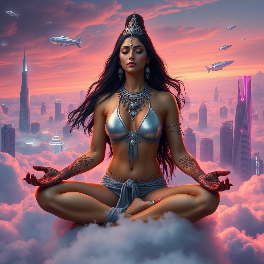 Mystical Cyberpunk Meditation in Sky City