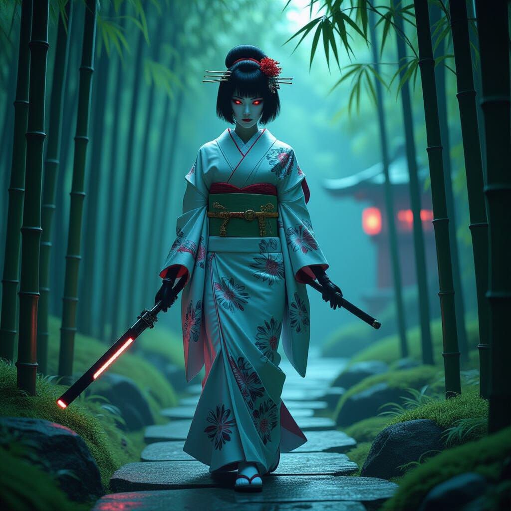 Futuristic Geisha in Bamboo Garden: Cyberpunk Aesthetic