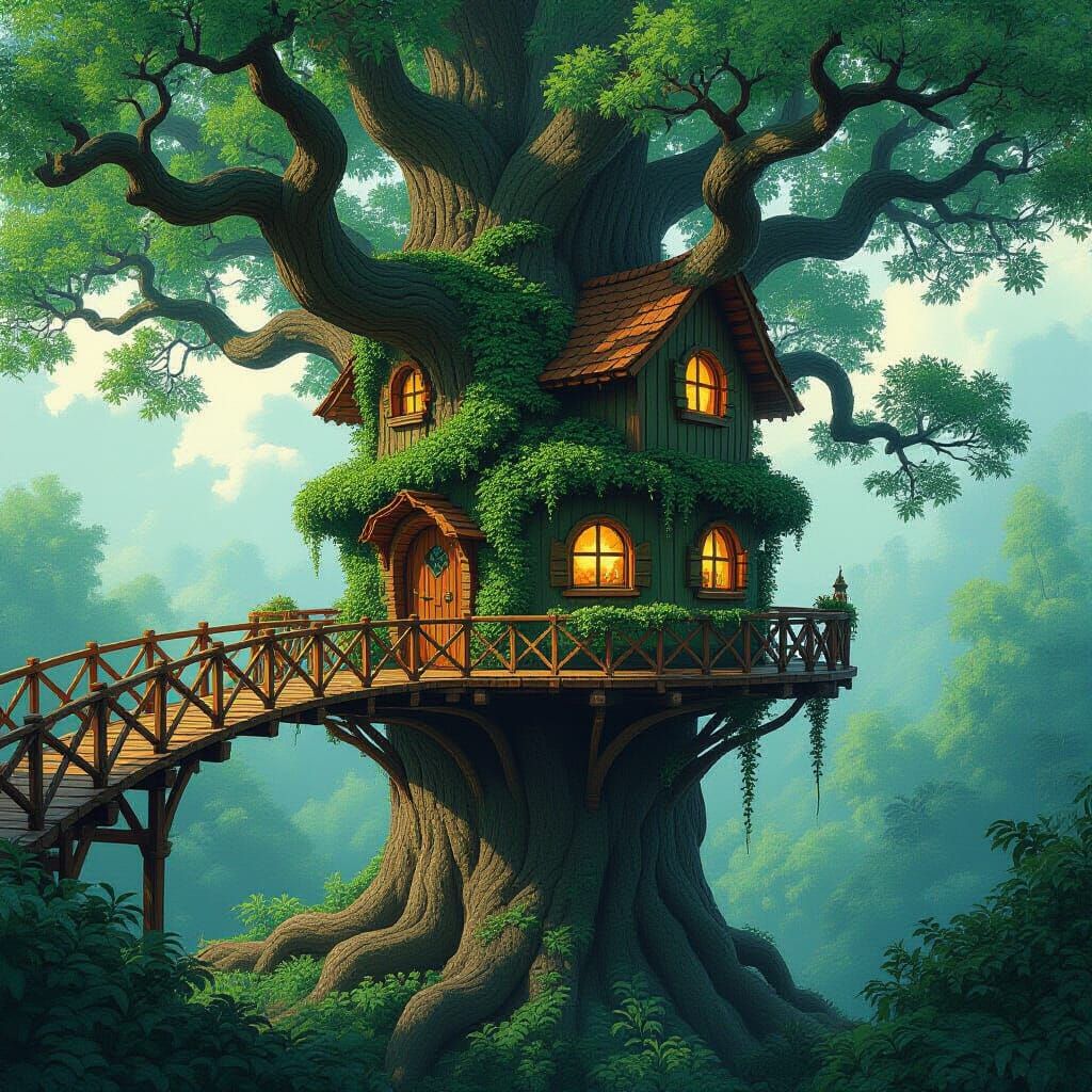 Magical Forest Treehouse in Ghibli Style