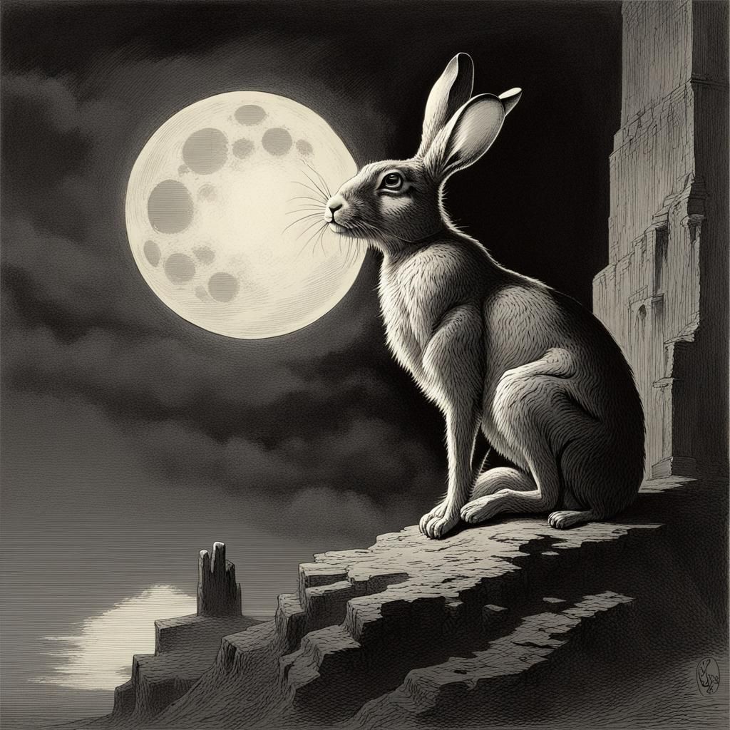 Gothic Rabbit in Moonlight, Horror Art Style