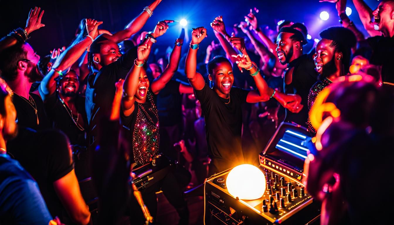 Energetic Dance Party with Vibrant Lighting