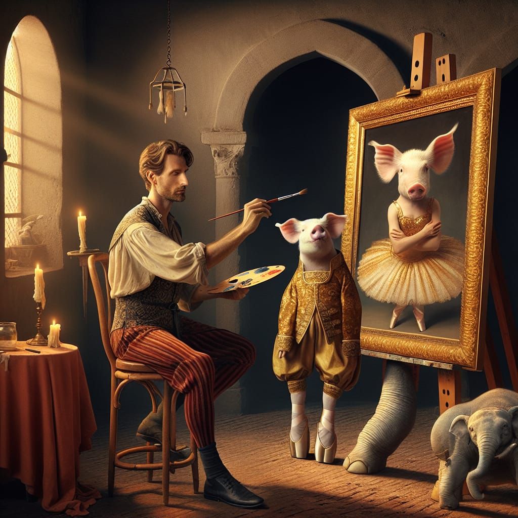Surreal Renaissance Painter with Ballet Pig