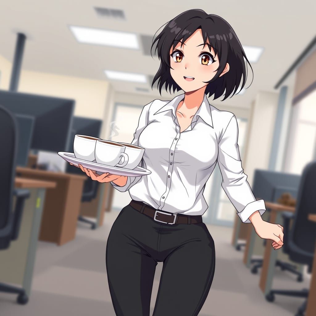 Anime Secretary Rushing with Coffee