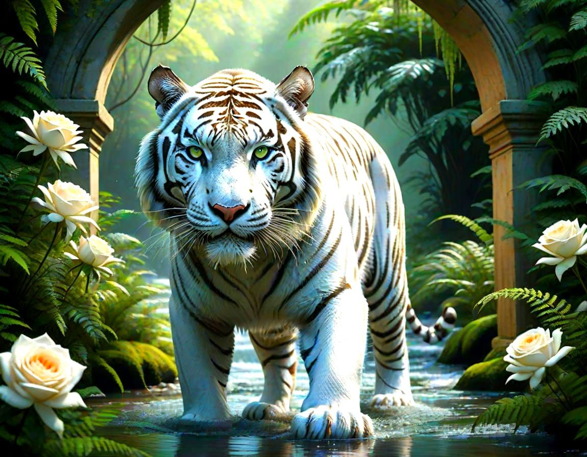 Majestic White Tiger in Golden Arch, Walking into Lush Strea...