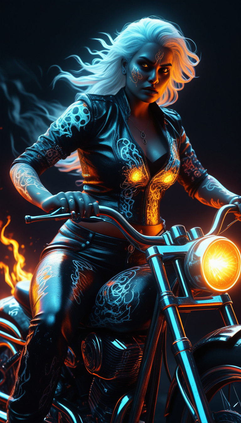Curvy Ghost Rider in Neon-Lit, Vibrant Fantasy Art