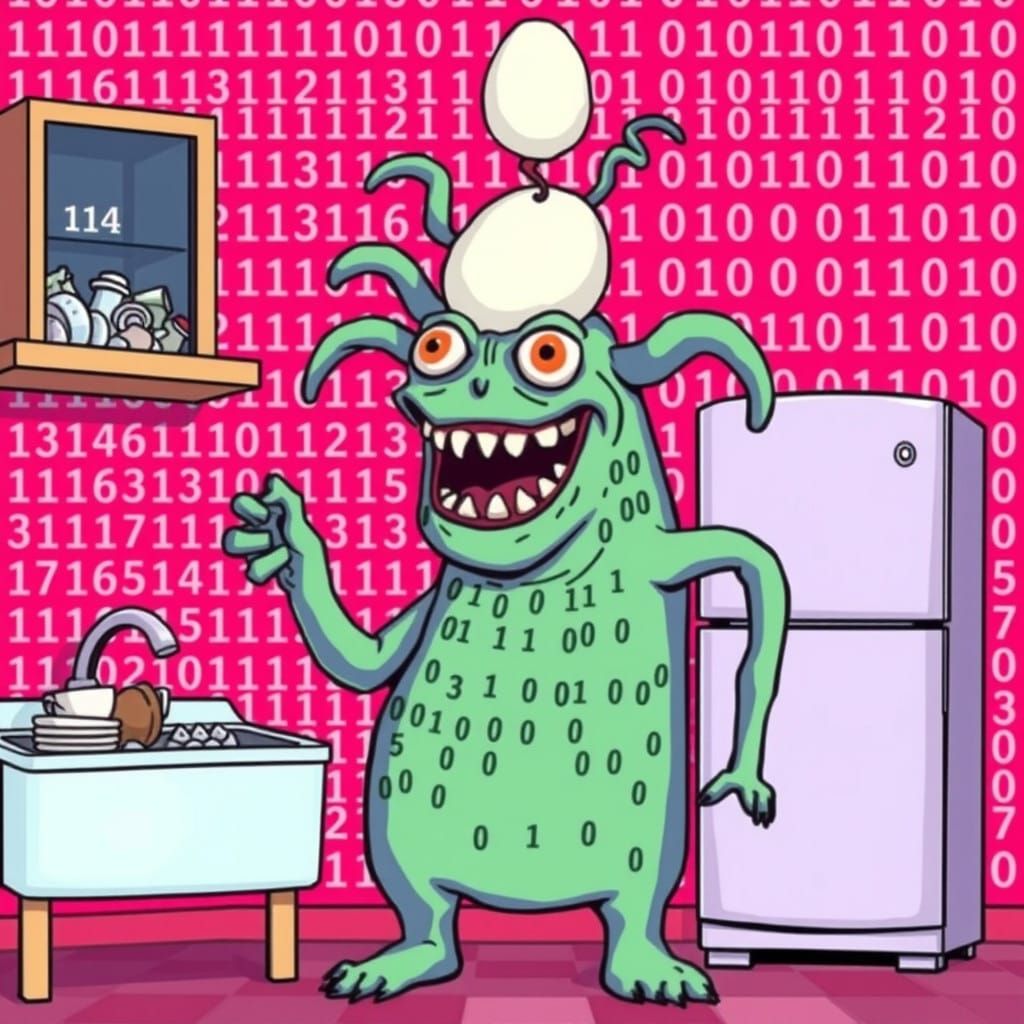 Binary Code Monster Savoring Retro-Style Breakfast