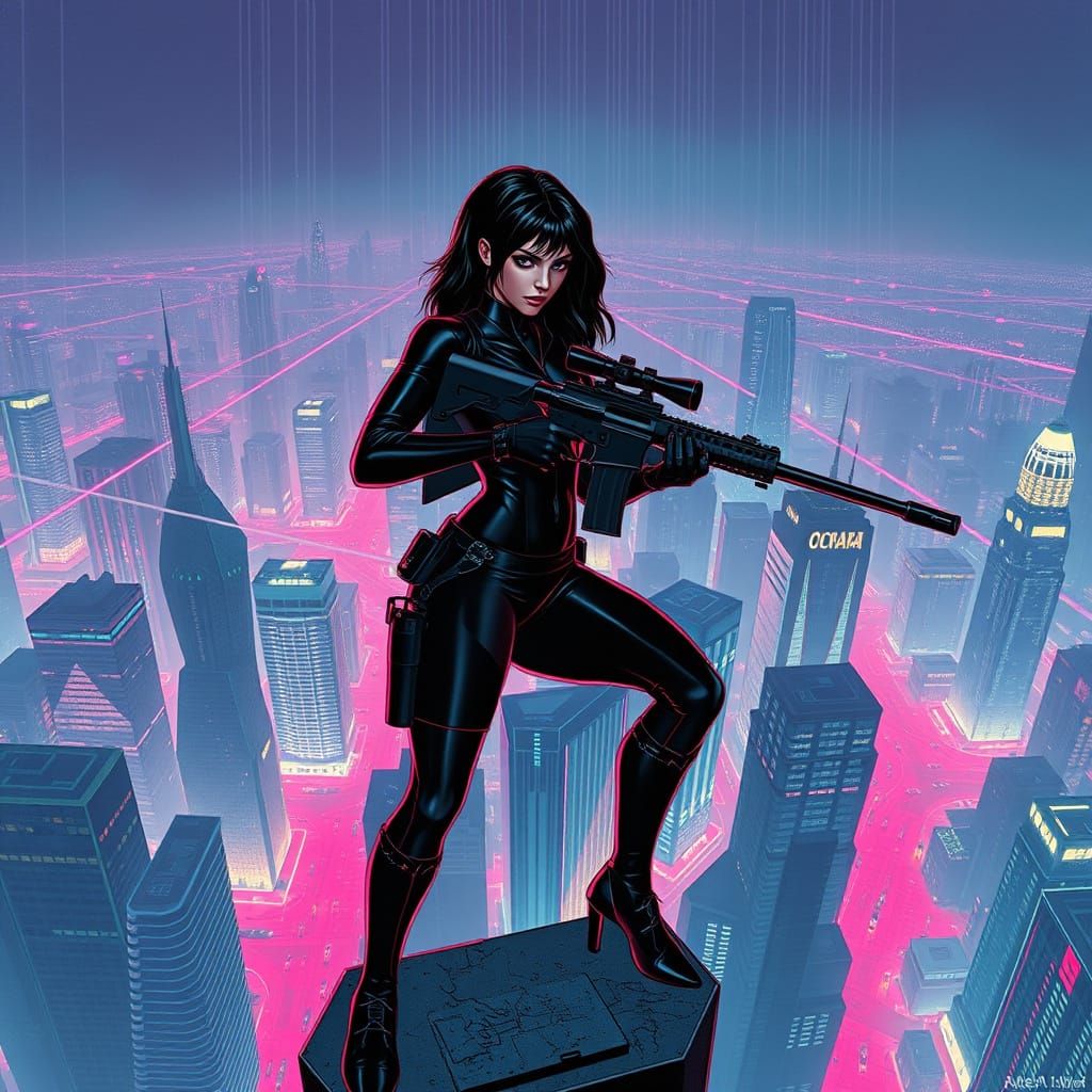 A female bounty hunter with a stealthy aesthetic, perched at...