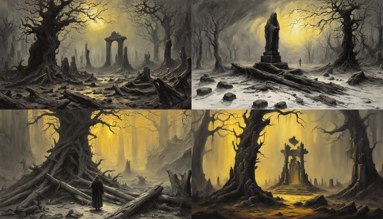 Eerie Bog Altar Under Baleful Stars in Black and White