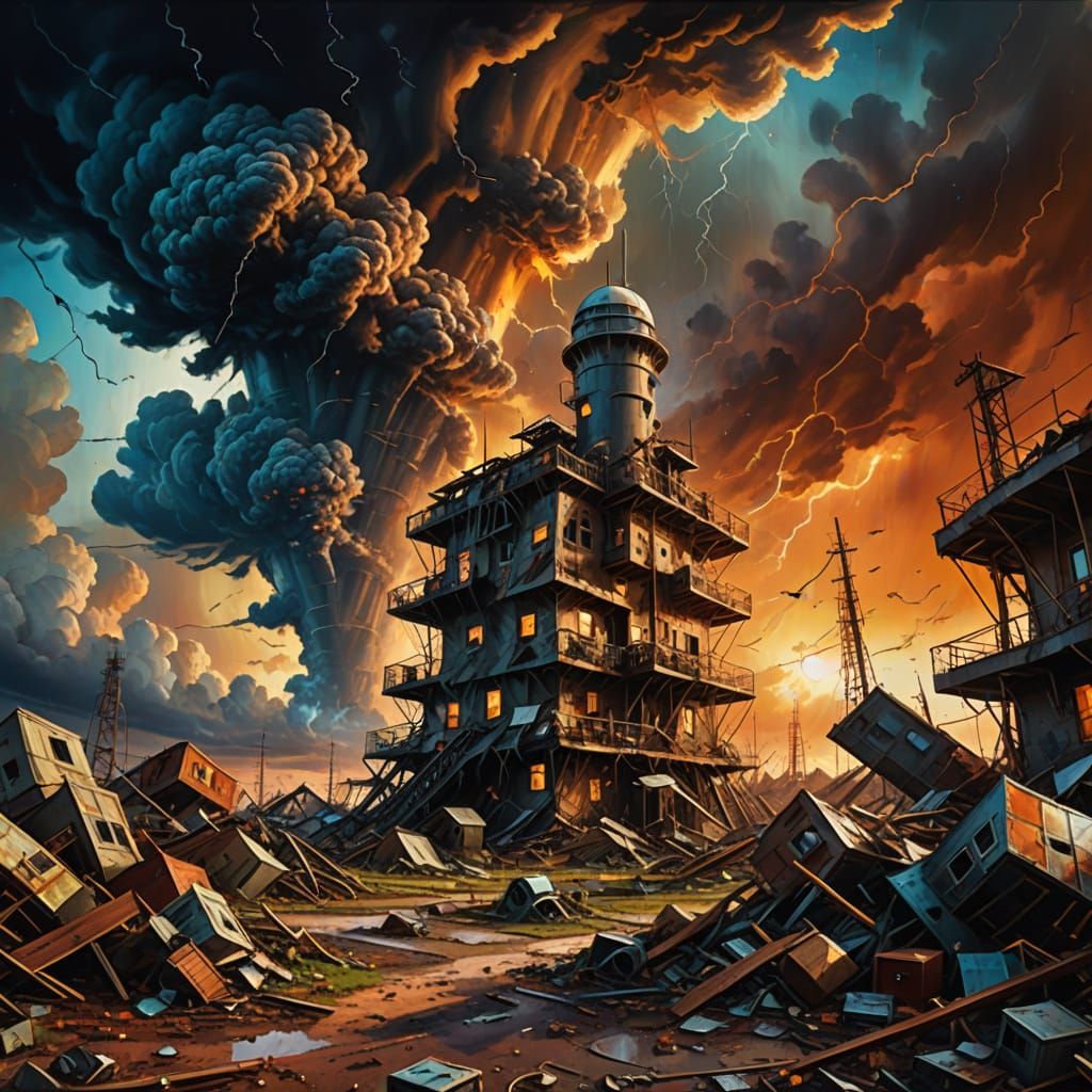Surreal Space Colony Destroyed by Tornadoes: Oil Painting