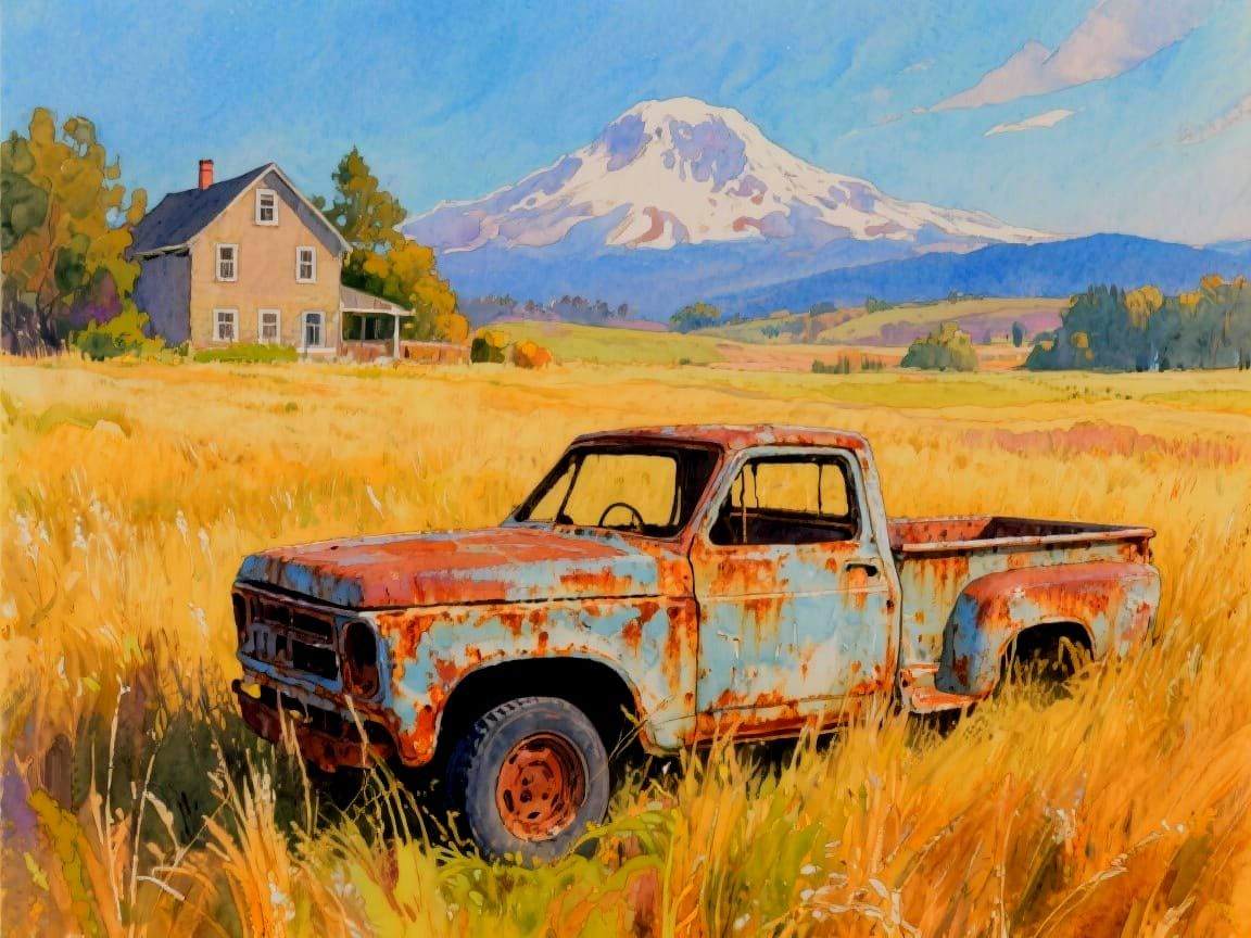 Watercolor Landscape with Vintage Truck and Farmhouse