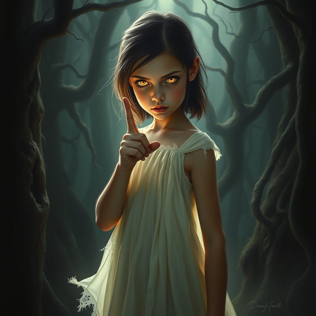 Mystical Girl Illuminates Dark Forest with Ethereal Glow