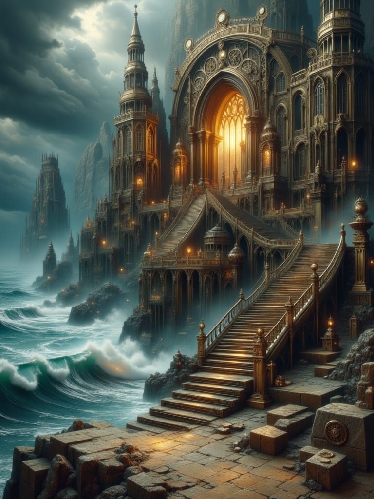 Steampunk Cathedral Entrance Carved in Cliff Face