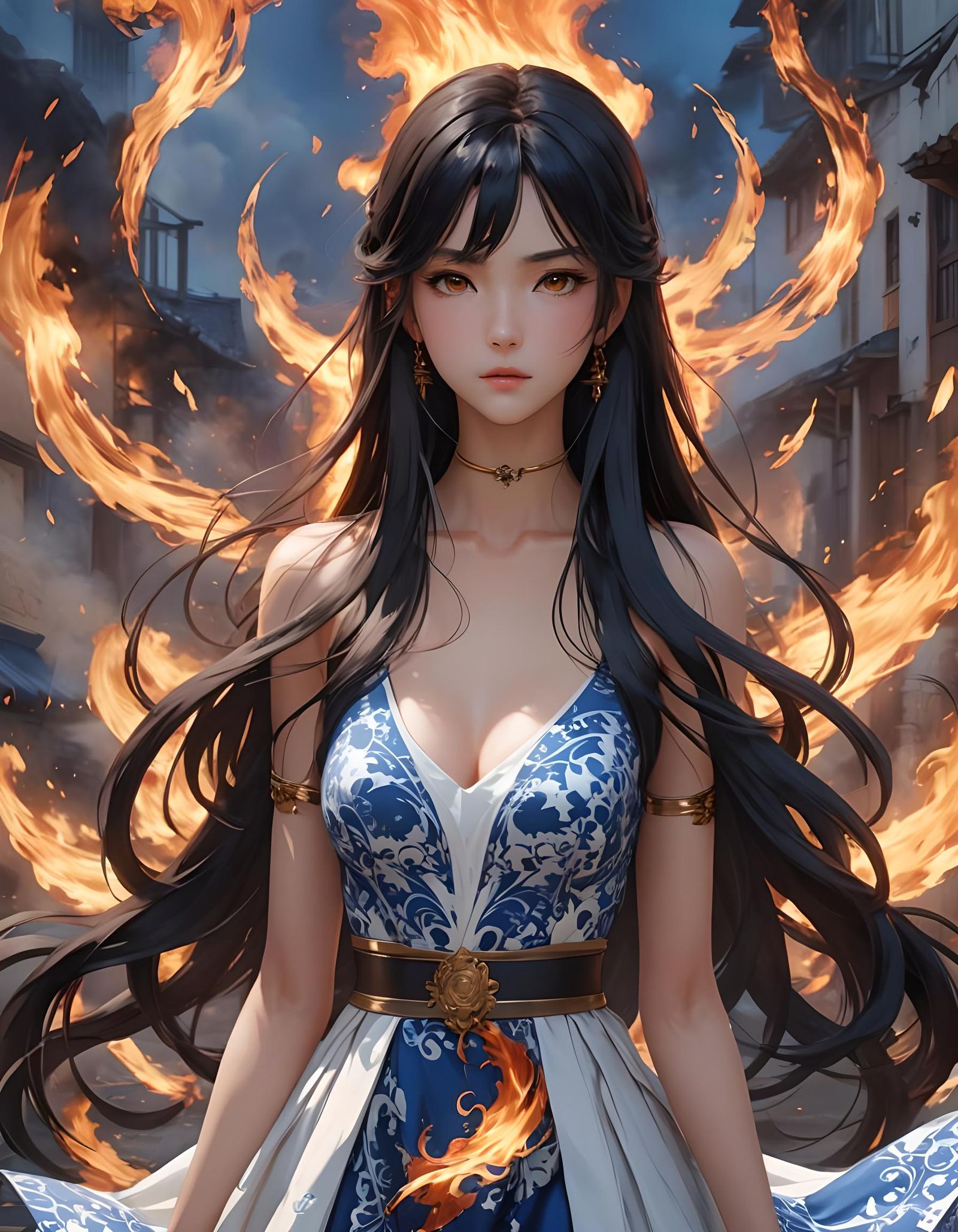 Anime Style Woman with Fiery Background