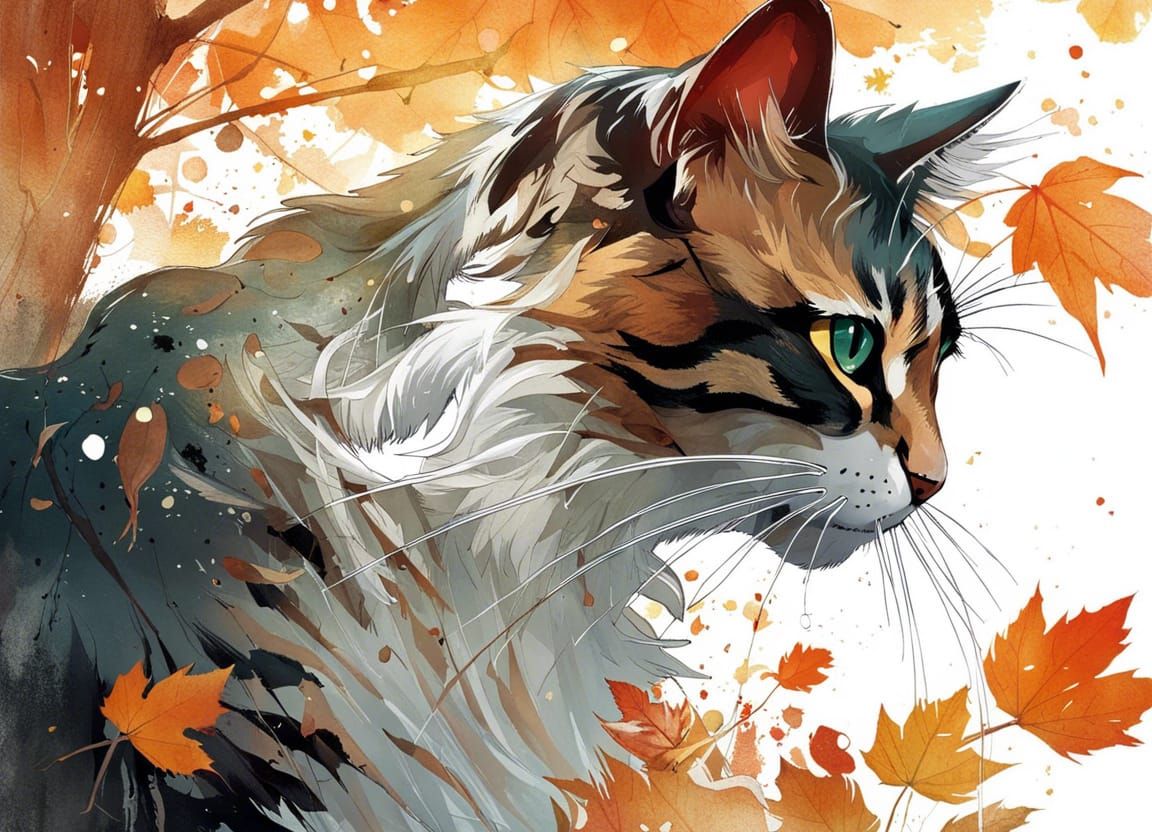 Cat in Summer and Autumn: Detailed Digital Painting