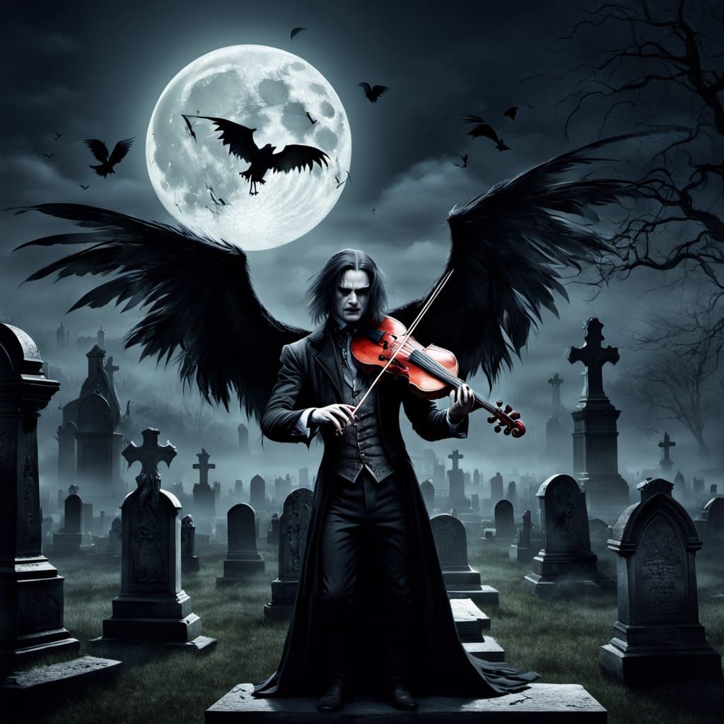 Vampire Violinist in Gothic Cemetery