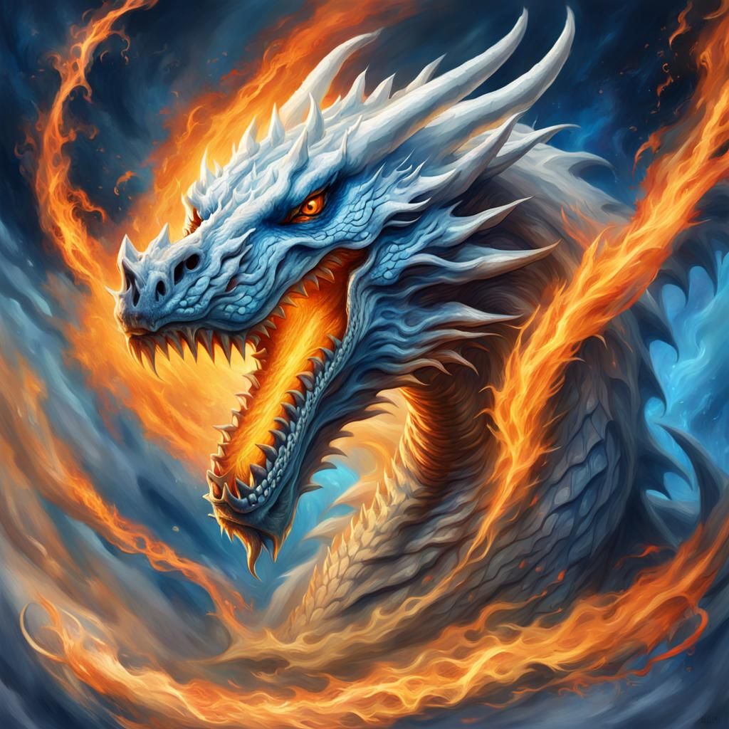 Smiling White Dragon Head in Mystical Fantasy Art
