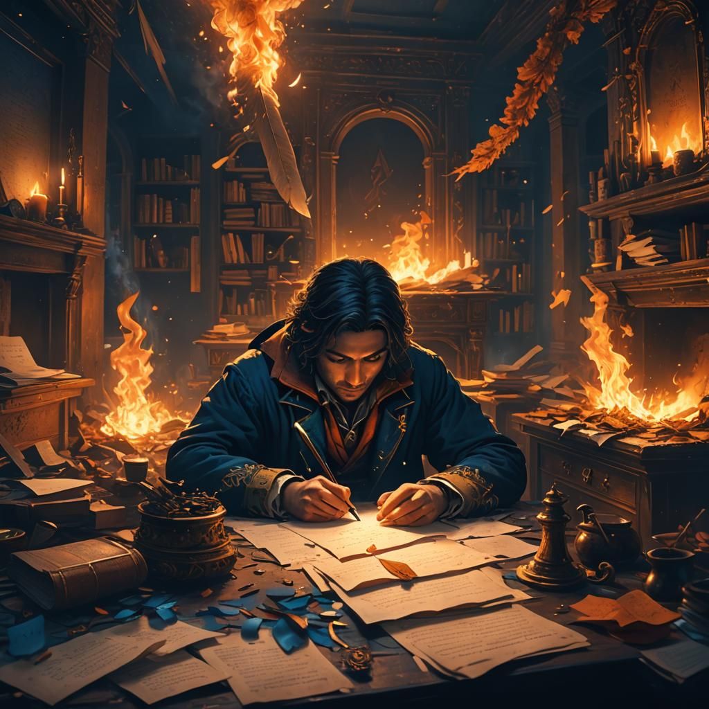 Melancholic Scene: Person Writing Letter Amidst Burning Embe...