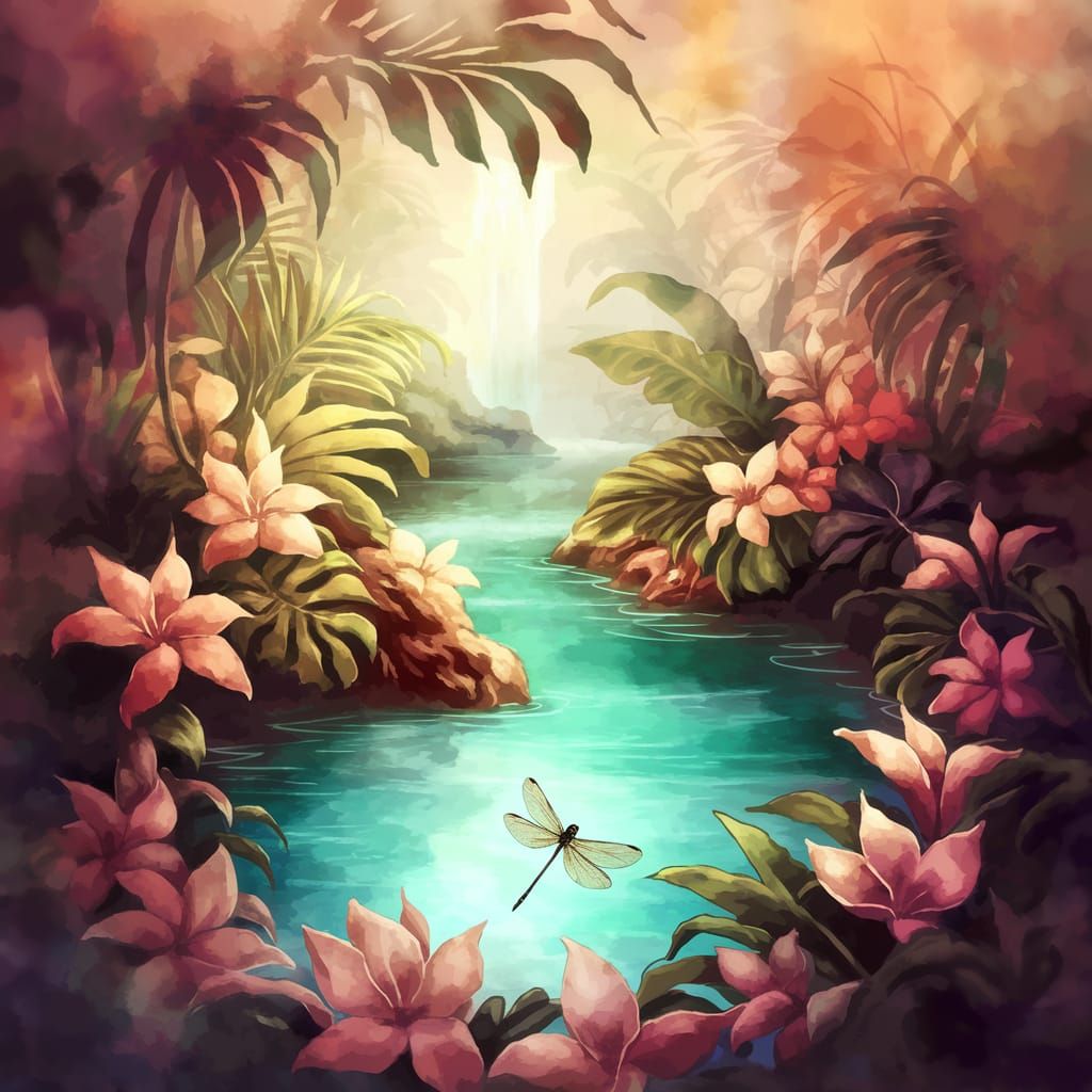 Stained glass landscape with a cascading waterfall turquoise lagoon vibrant tropical flowers and a small dragonfly ether...