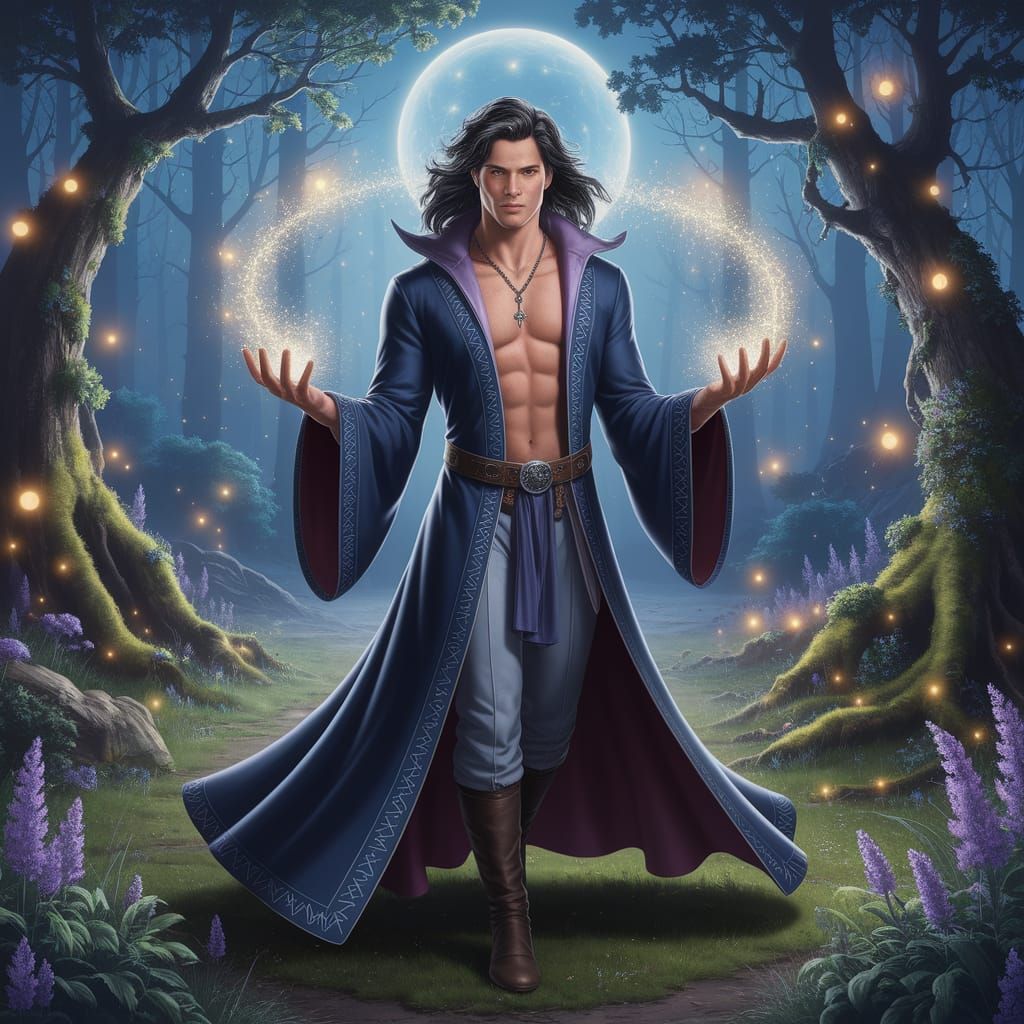 Enchanting Wizard Conjures Light in Mystical Forest