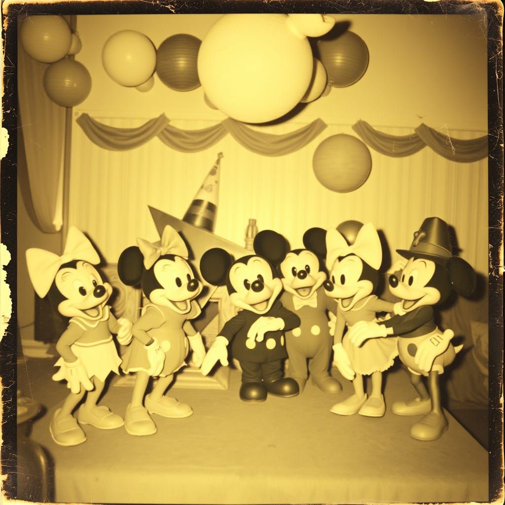 Disney Characters in a Faded 1960s Party Scene