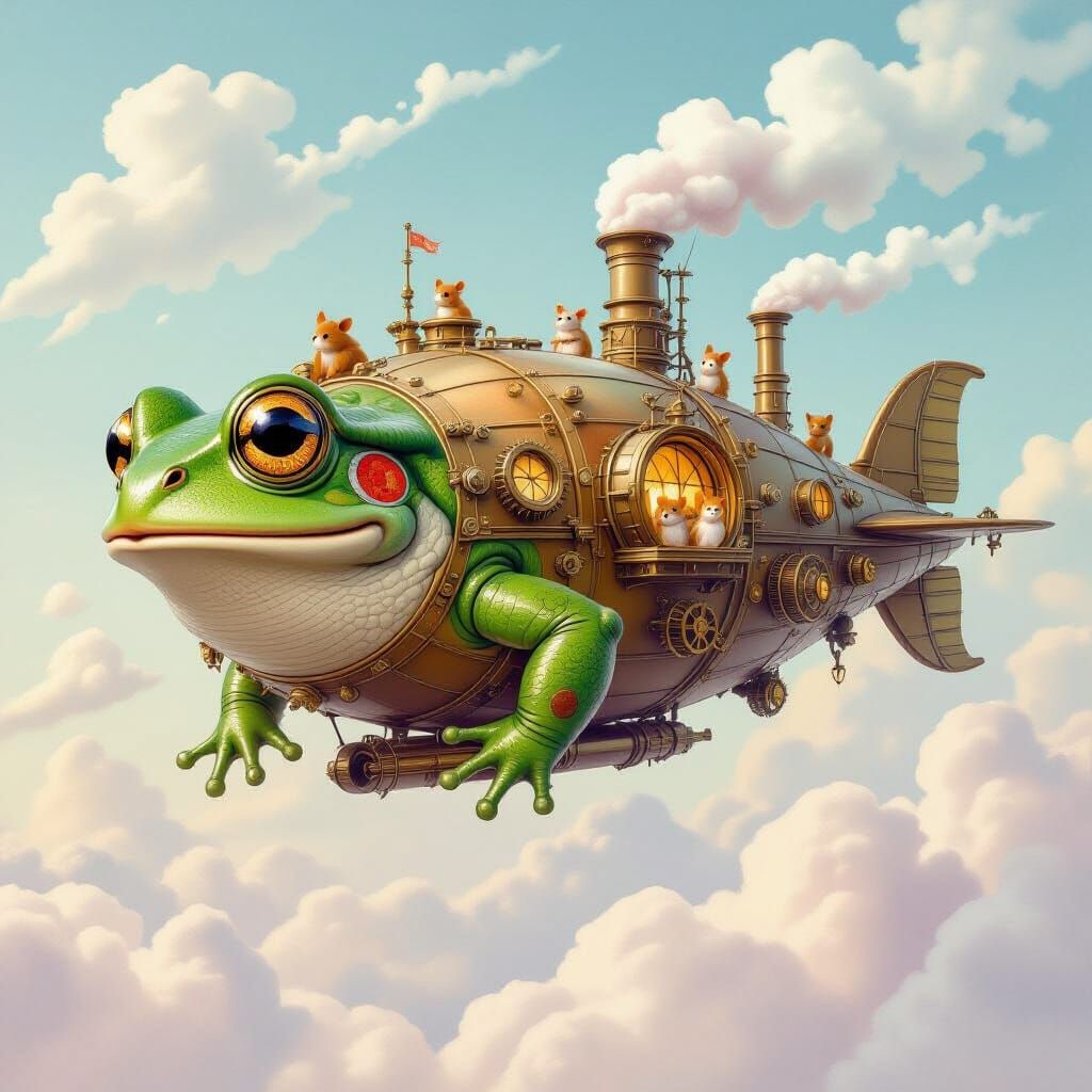 Frog Airship Soaring in Steampunk Painterly Style