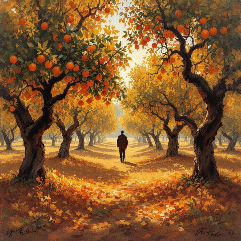 Solitary Wanderer in Ancient Sun-Kissed Orange Orchard