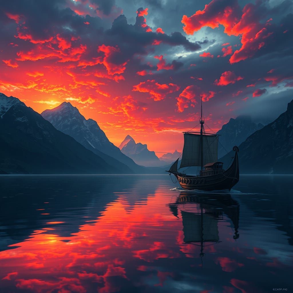 Epic Sunset Over Lofoten Peaks With Viking Ship