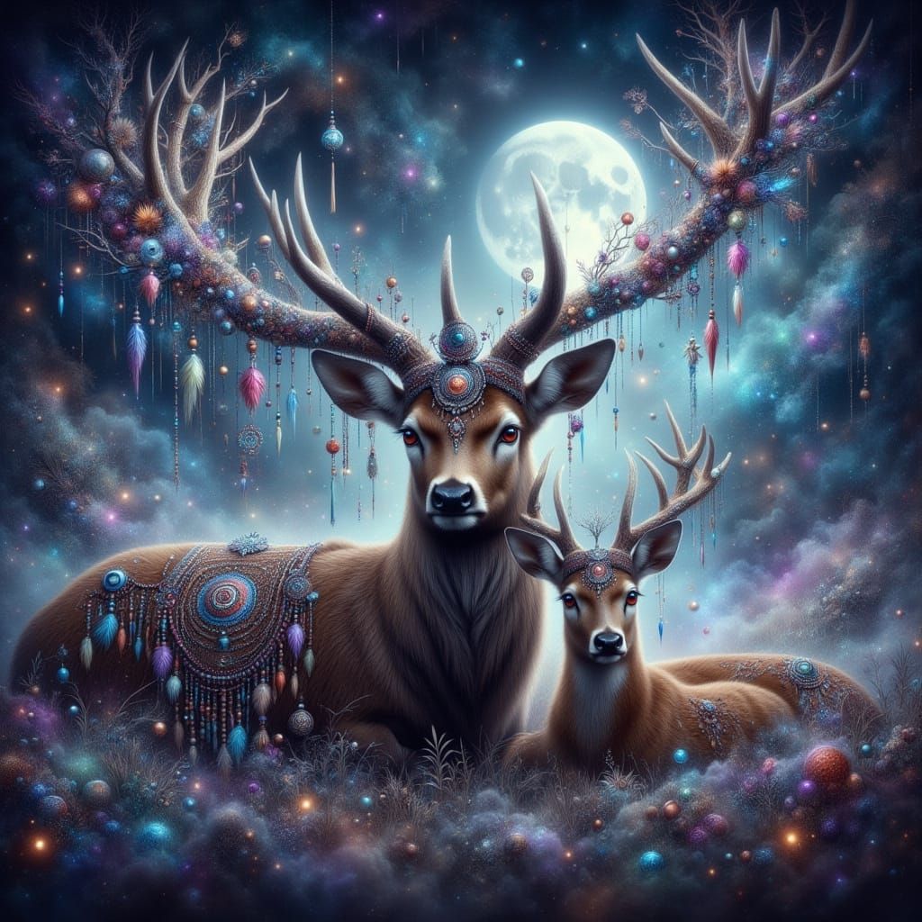 Deer Family Beneath a Mystic Full Moon