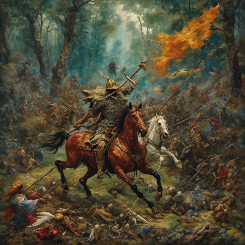 Don Quijote and Sancho Panza in Forest Battle