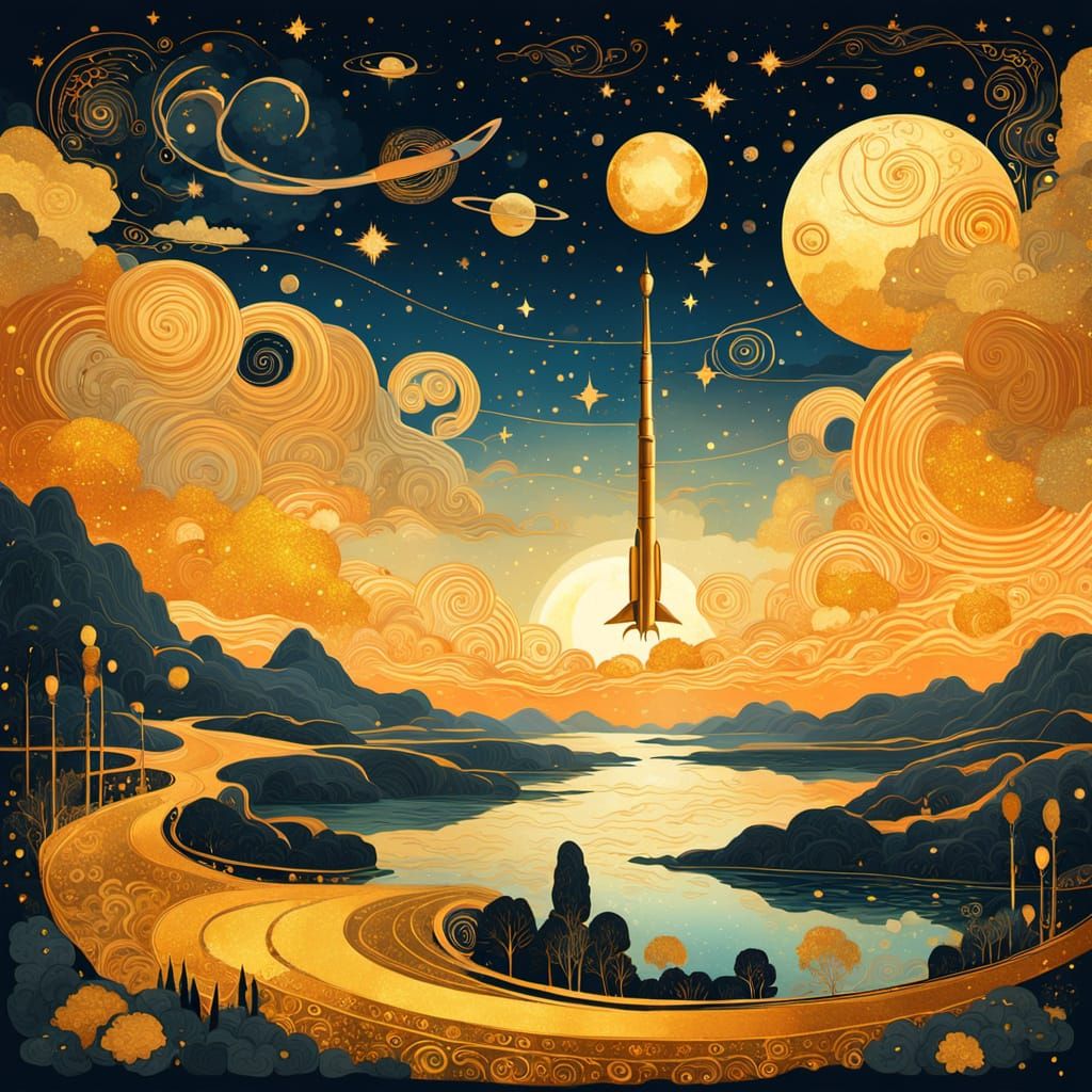 In a Klimt-style starry sky, a fantastic rocket takes off in...