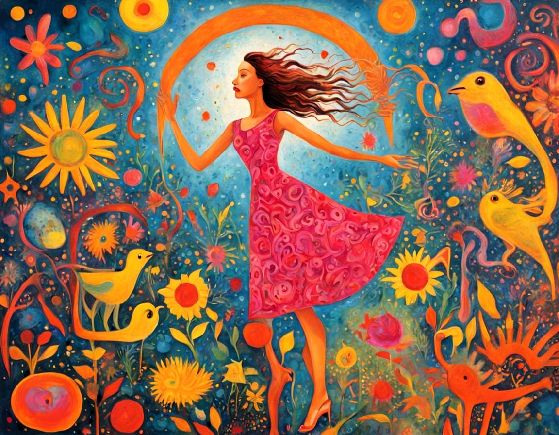 Whimsical Garden Goddess in Vibrant Floral Wonderland