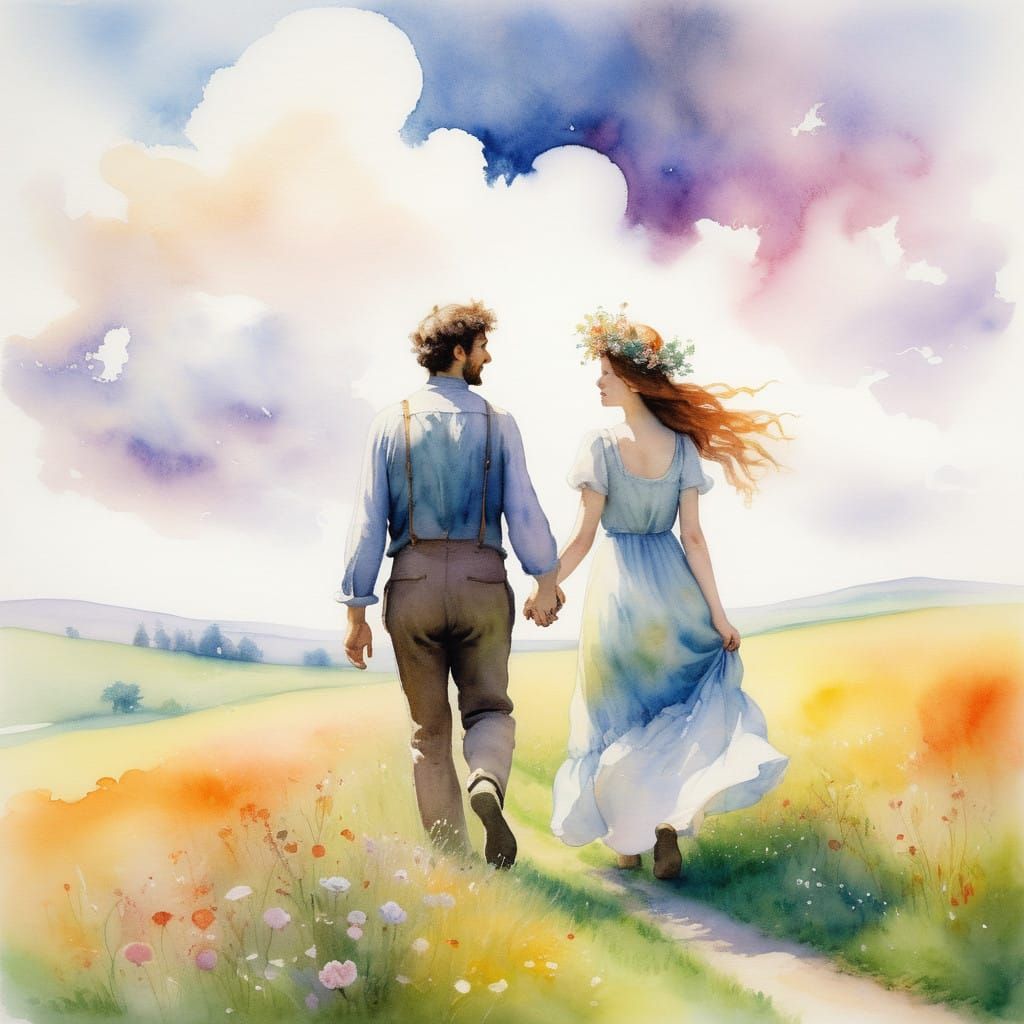 Romantic Fairytale Couple Strolls Through Vibrant Meadow