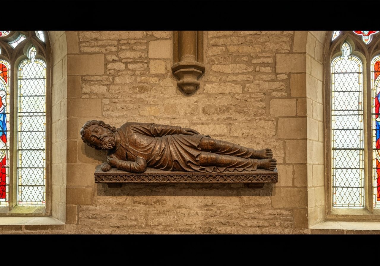 Abergavenny carved wooden recumbent 3D older Jesse figure, medieval, against the inside wall of the parish church