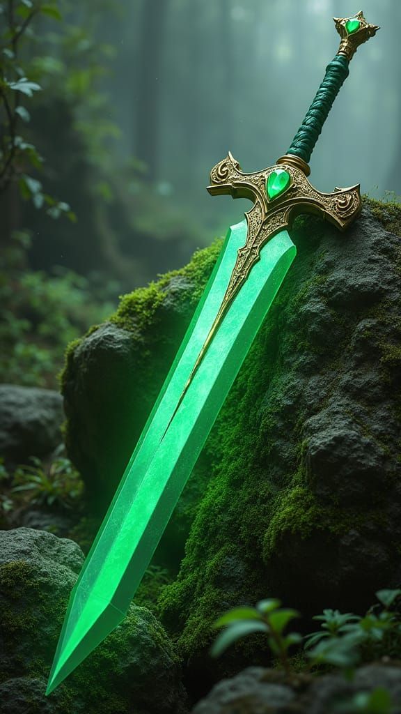 Mystical Green Sword on Mossy Rock