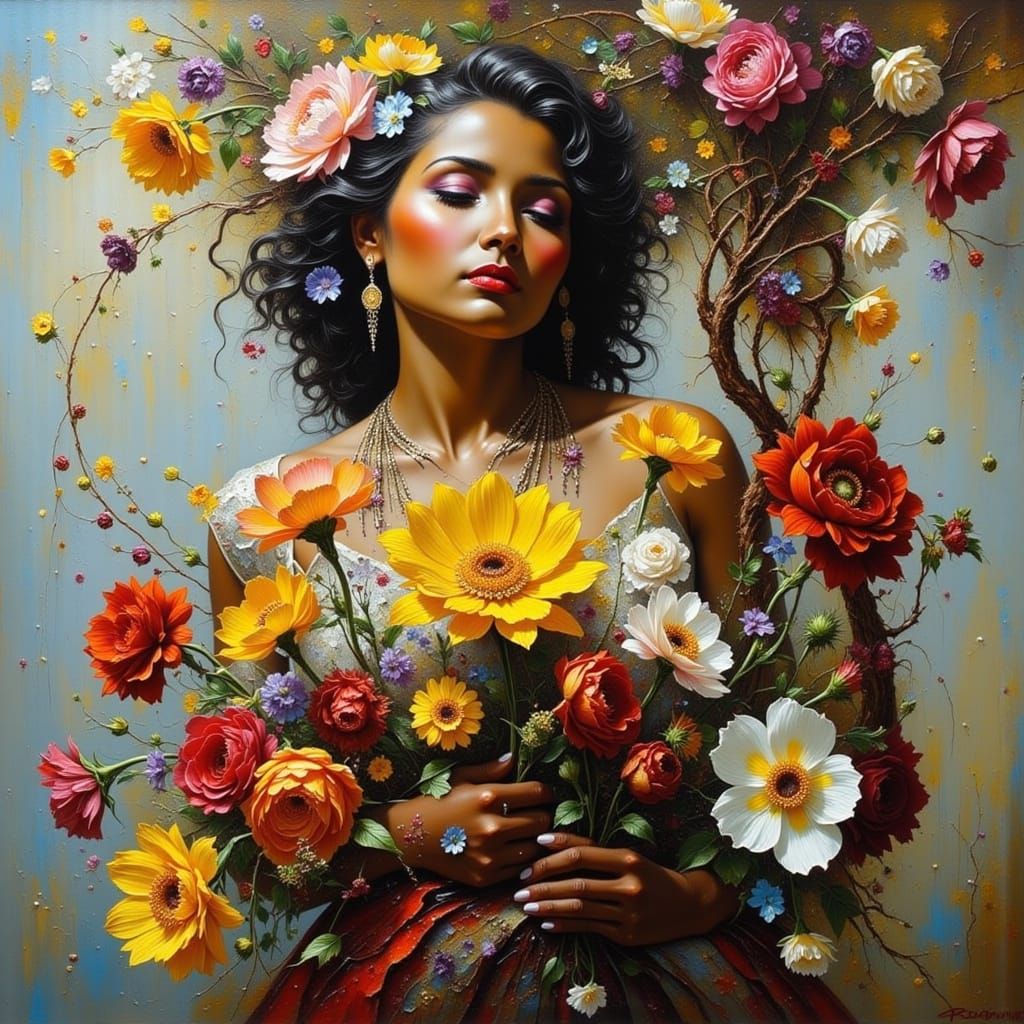 Impasto Painting of Woman Selling Flowers