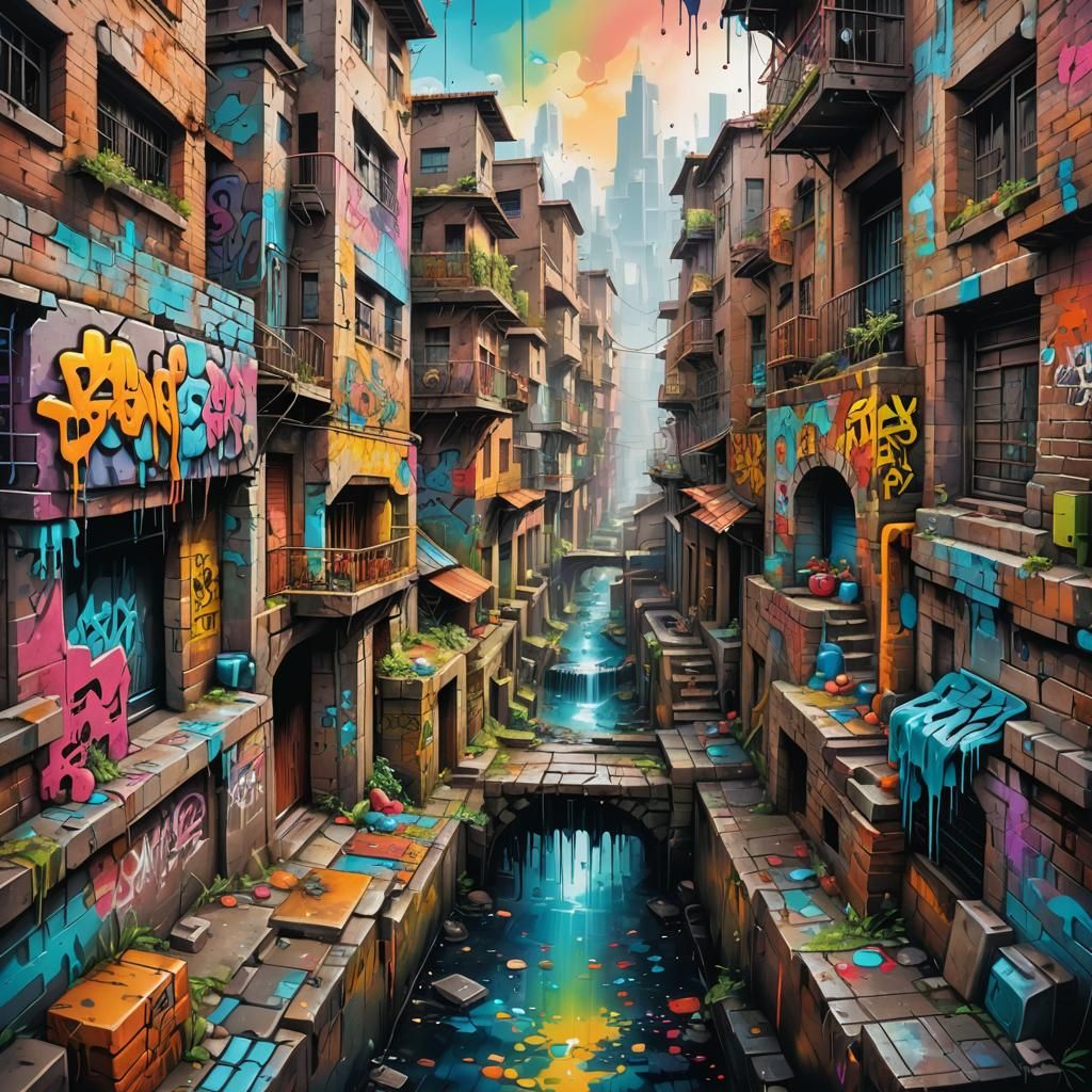 Colorful Ancient City in Graffiti Art Style