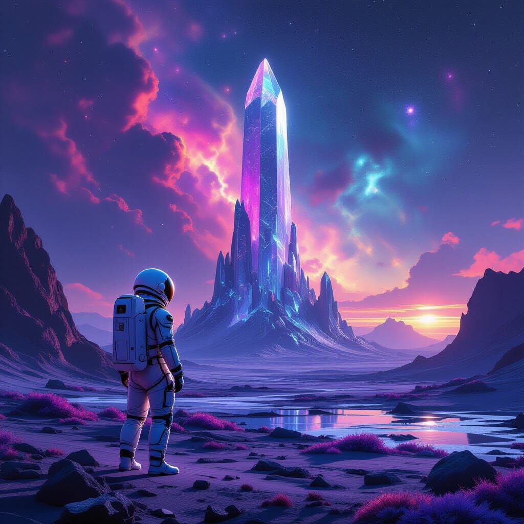 Astronaut Gazes at Crystal Structure on Alien Planet