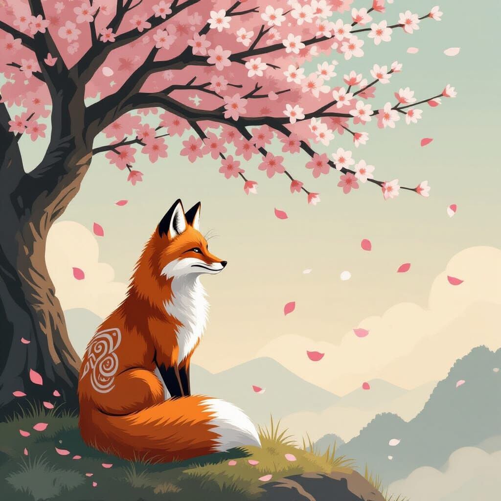 Fox with Tribal Markings in Japanese Ink Wash Style