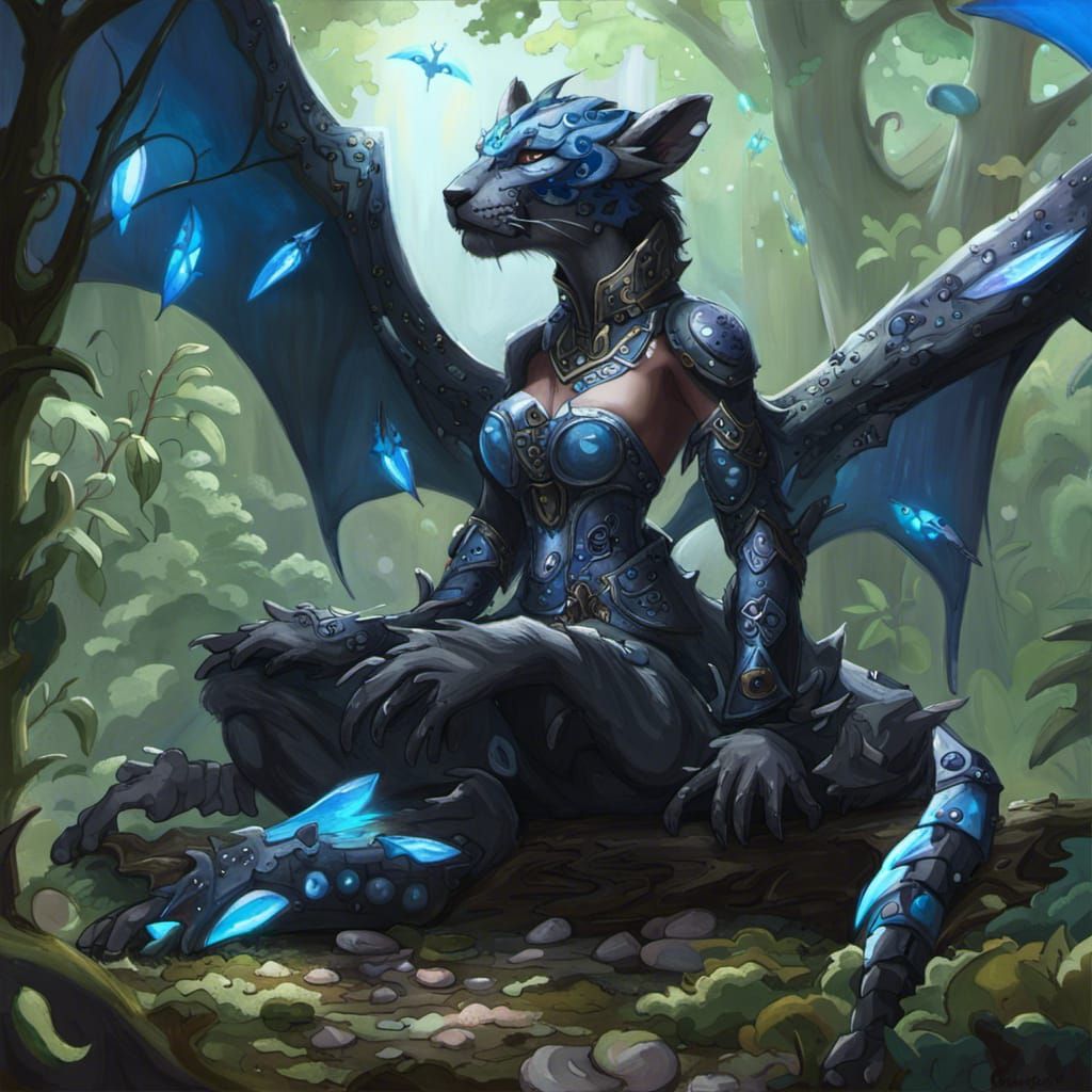 Anthro Jaguar Girl with Dragon Wings in Forest