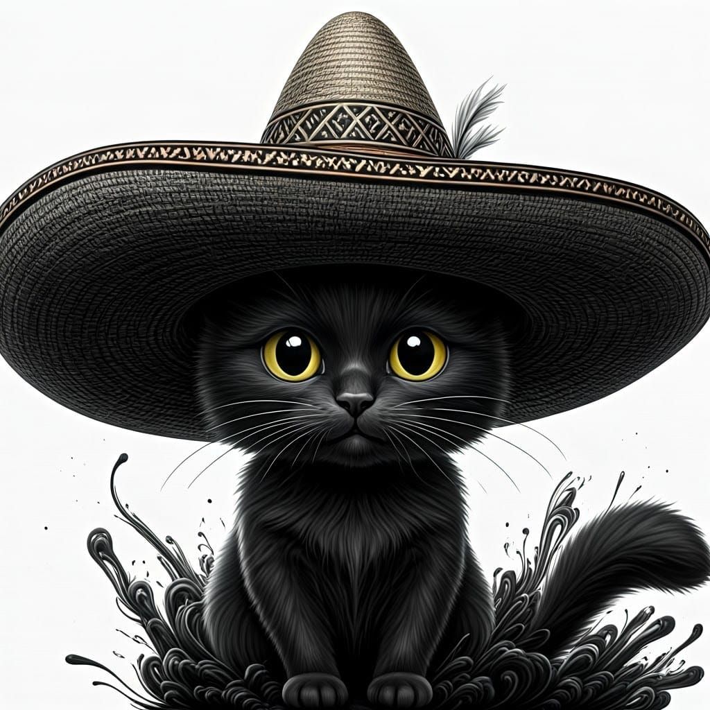 Humorous Black Cat in Sombrero: Kawaii Chibi Art