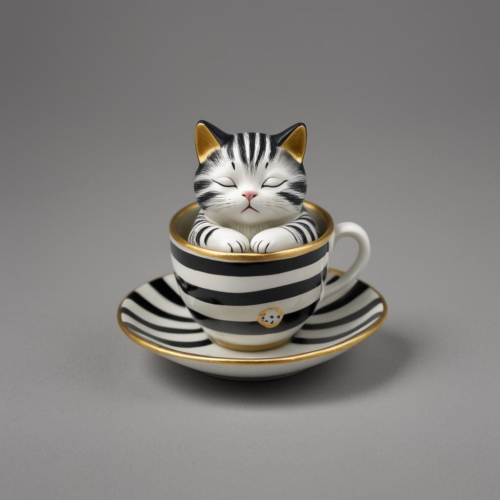 Sleeping Cat Figurine in Striped Cup: Fantasy Art
