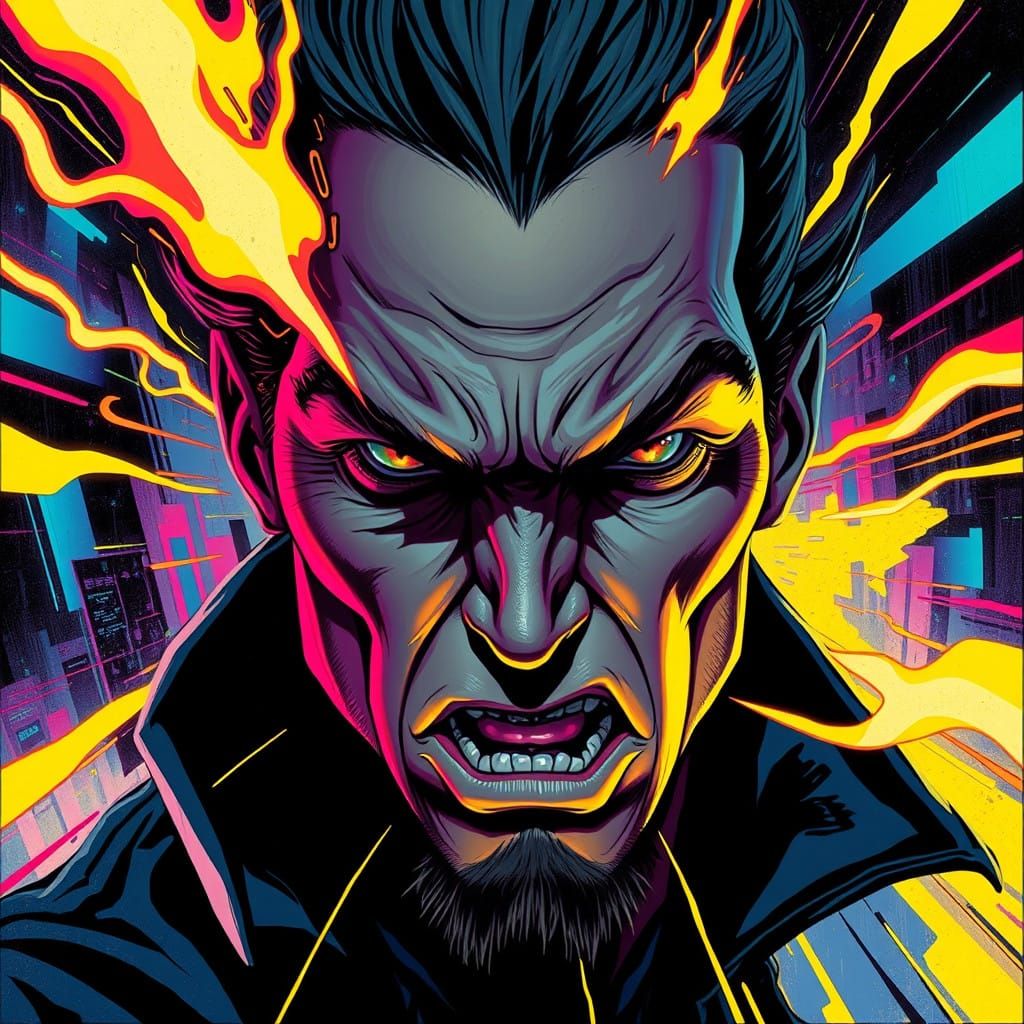 Mysterious Figure in Frenetic Urban Dreamscape