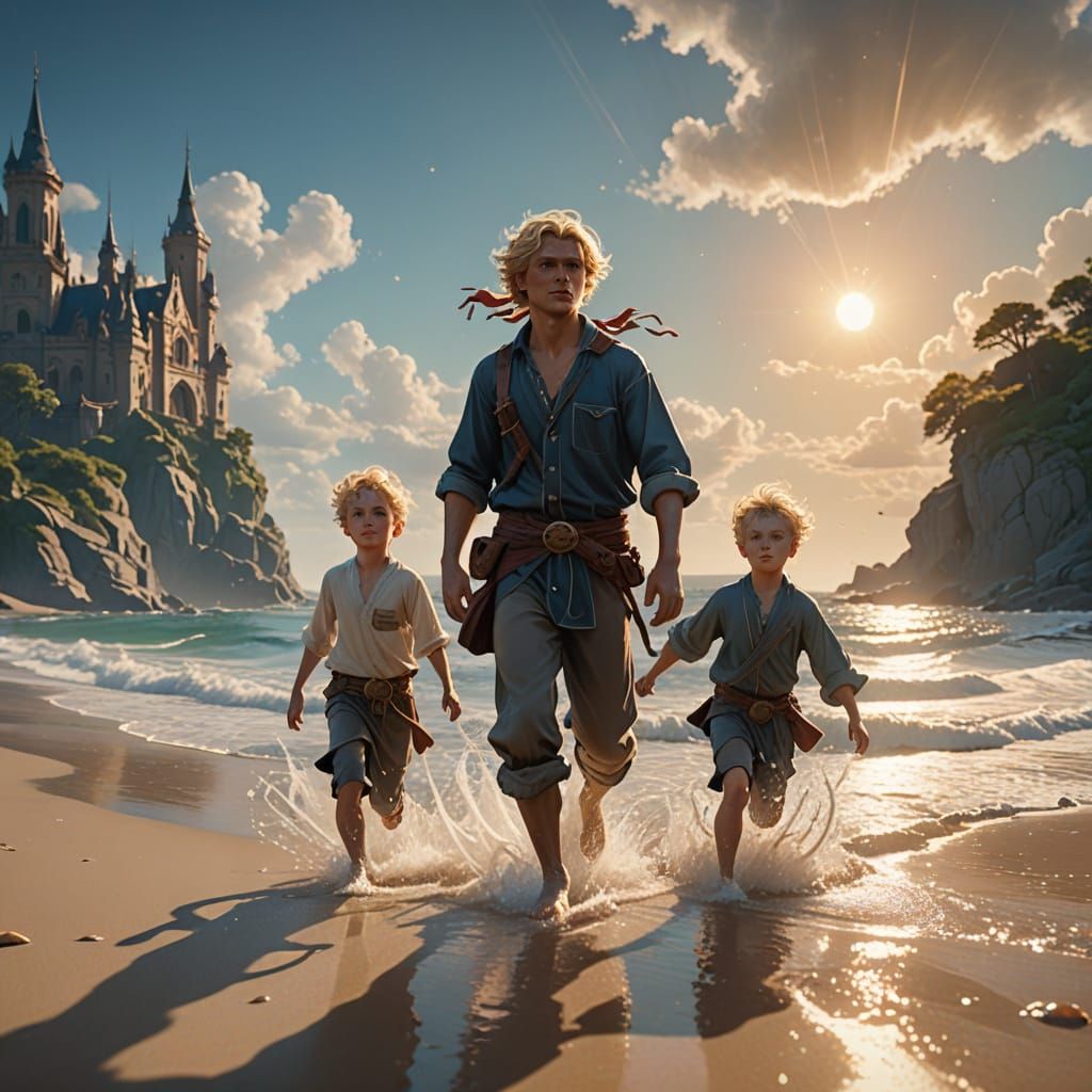 Blond Men and Boy on Beach, Splash Art Style