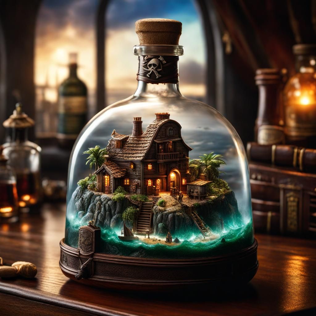 Pirate Island City Inside Glass Bottle