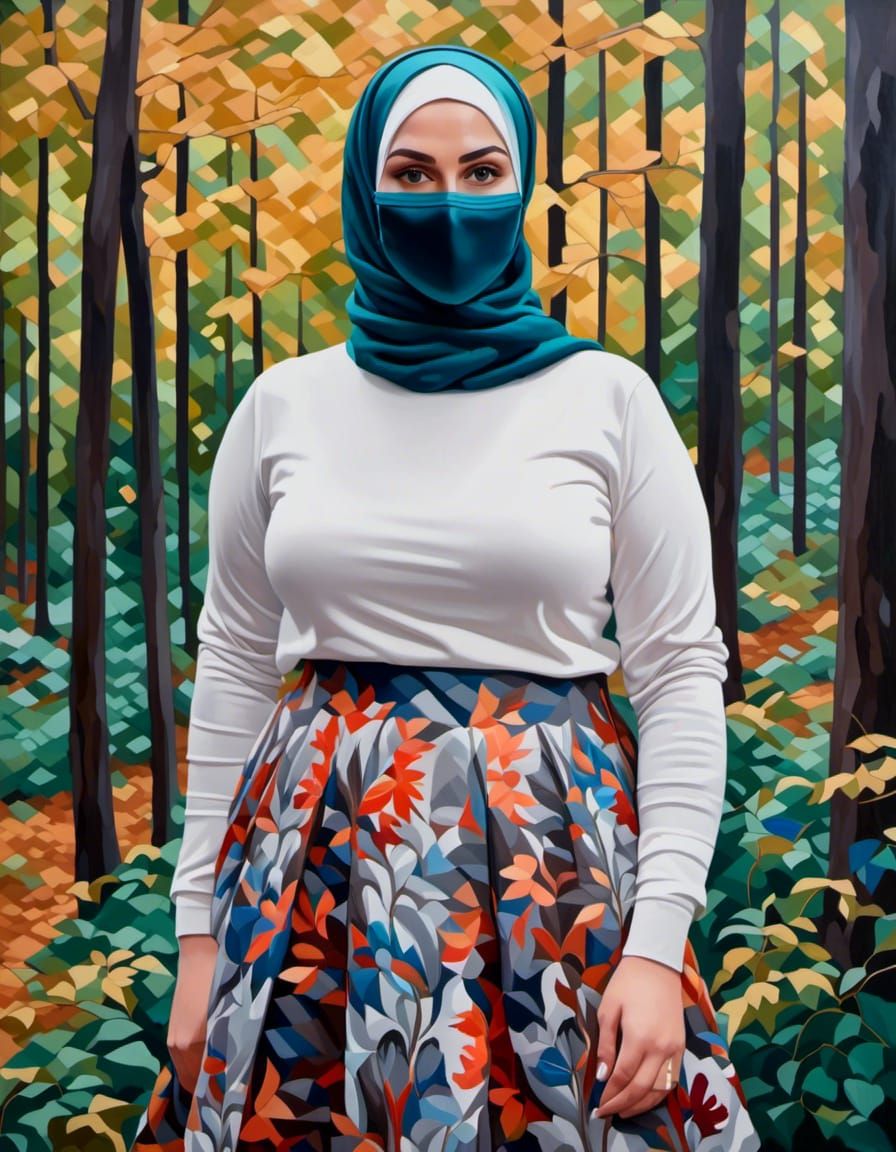 Woman in Hijab and Mask in Forest, Oil Painting