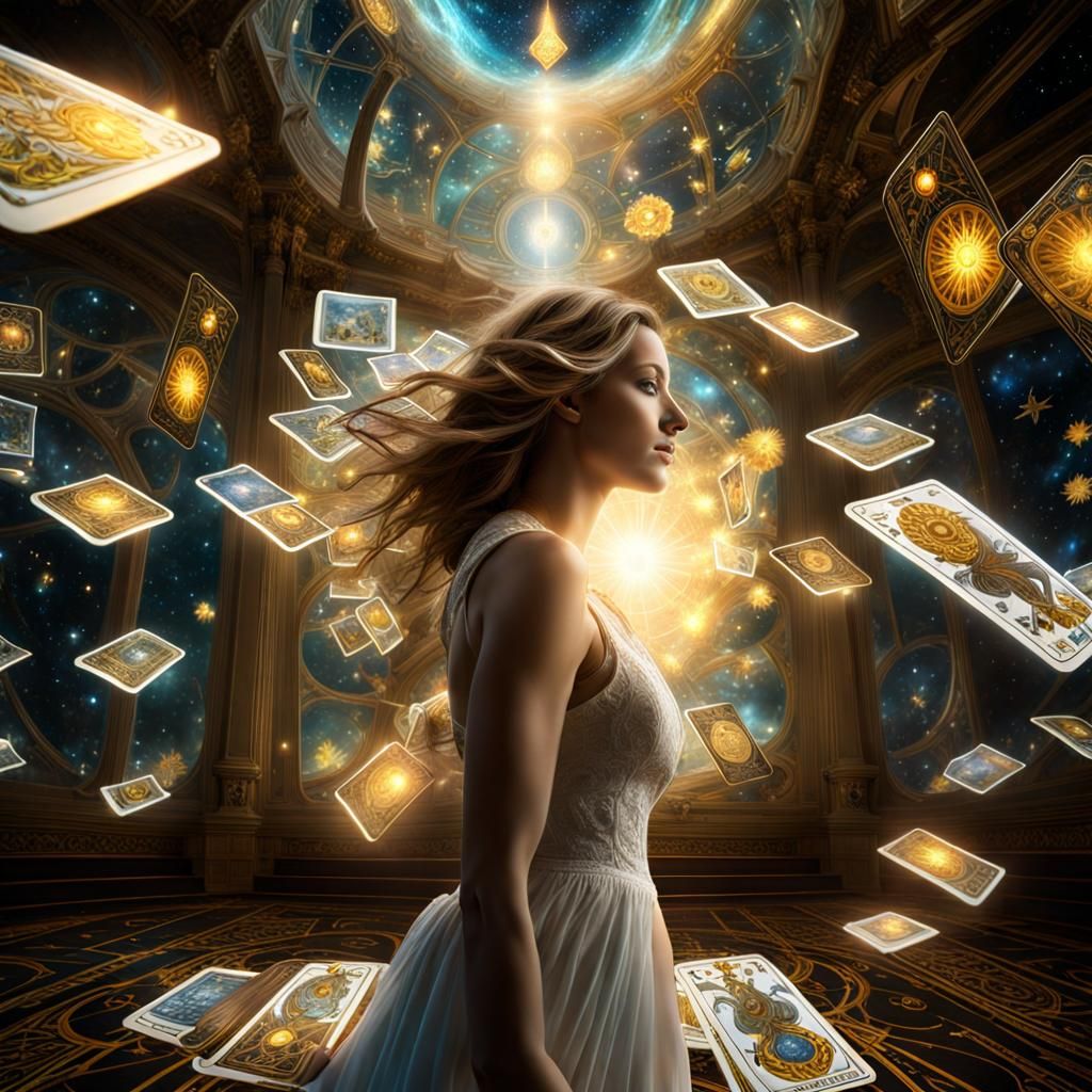 Mystical Tarot Cards Falling in Glass Room